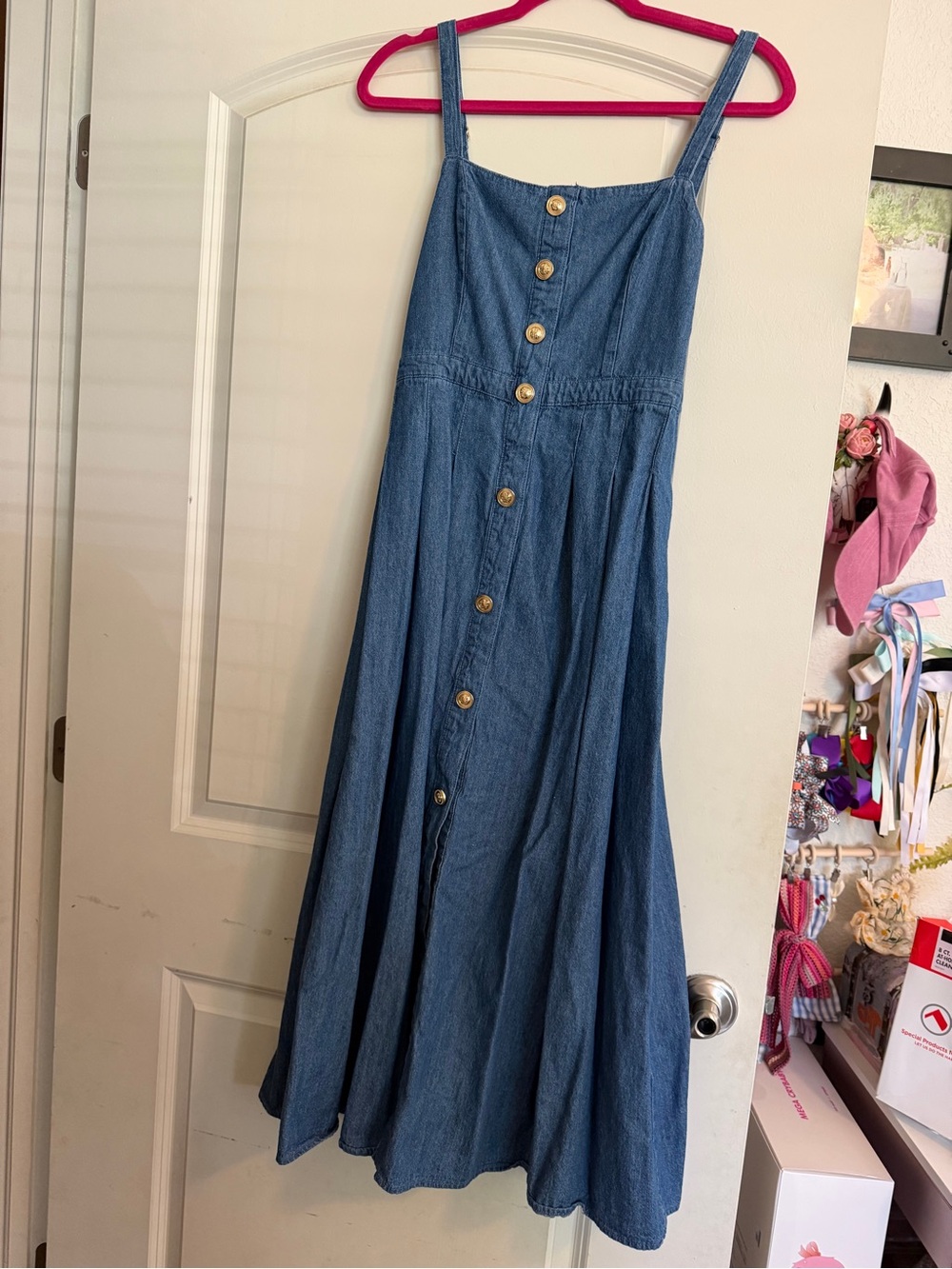 Blu Pepper Blue Denim Button-Front Maxi Dress